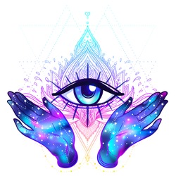 Female hands with galaxy inside open around masonic symbol. New World Order. Hand-drawn alchemy, religion, spirituality, occultism. Vector illustration in hipster style isolated on white. 