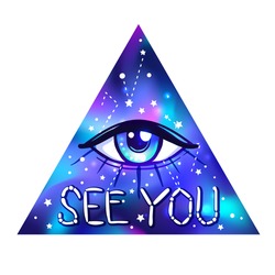 All seeing eye. Vector bright colorful cosmos illustration. Cosmic background with stars. Hand-drawn Eye of Providence. Alchemy, religion, spirituality, occultism, tattoo art. Conspiracy theory.