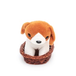  Beautiful stuffed toy dog with red ears sits in a basket on white background close-up. Puppy pet, small plush toy for child. 
