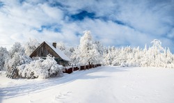 beautiful wooden house in a winter sunny day
