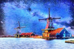 The works in the style of watercolor painting.Starry sky over Dutch windmills from the canal in Rotterdam.
