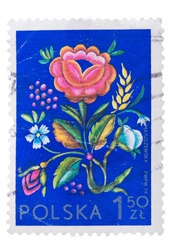 POLAND - CIRCA 1974: a stamp printed in the Poland shows Rose Flower, Embroidery from Cracow, circa 1974