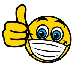 Emoji with medical mask over mouth showing thumb up - isolated vector emoticon
