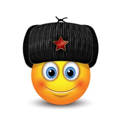Cute emoticon wearing Russian black fur hat - ushanka - with a red star - emoji, smiley - vector illustration
