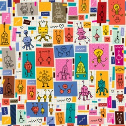 cute robots collage cartoon retro doodle pattern