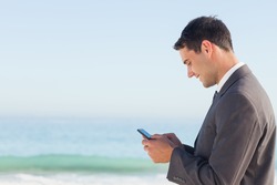 Smiling businessman  on the beach sending a text message