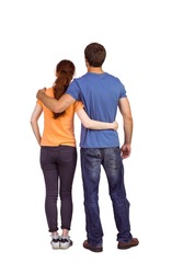 Couple with backs to camera on white background
