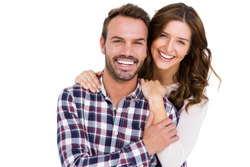 Portrait of young couple smiling on white background
