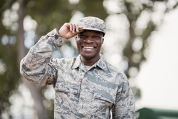 Portrait of happy military soldier in boot camp