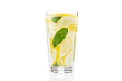 fresh lemon water in glass isolated on white background. Refreshment and cooling beverage