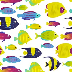 Vector illustration, seamless pattern with  coral reef fish. Cartoon decorative fish illustration.
