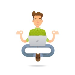 Vector illustration of a young man looking for a job or studying. Funny cartoon character of a person in a yoga pose.