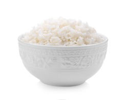 rice in a white bowl on white background