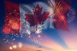 Holiday sky with fireworks and flag of Canada, independence day