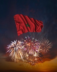 Holiday fireworks in evening sky and flag of Morocco for National Independence day