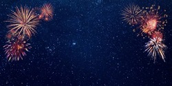 Happy holiday fireworks in night sky for your card design