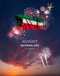 Evening sky with majestic fireworks and flag of Kuwait on National holiday