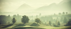 Vintage landscape with trees on hills and beautiful mountains in distance. Retro film filter