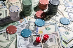 Dice and chips on cashe, casino jackpot. Gambling concept