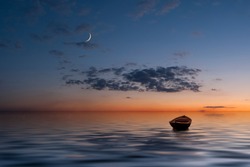 The lonely old boat at the ocean, evening sky with moon and clouds on background