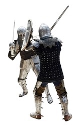 Two knights in steel armor with swords and shields are fighting in a tournament. Isolated on white background.
