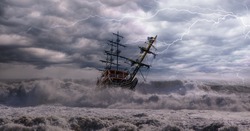 Sailing old ship in a storm sea in the background stormy clouds with lightning