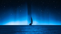Sailing luxury yacht along the route over dark sea - Northern lights aurora borealis 