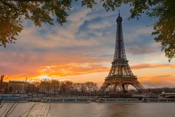 Paris Eiffel Tower and river Seine in Paris, France. Eiffel Tower is one of the most iconic landmarks of Paris