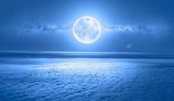 Night sky with full moon over the clouds, milky way galaxy in the background 