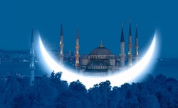 The Sultanahmet Mosque (Blue Mosque) with crescent moon - Istanbul, Turkey