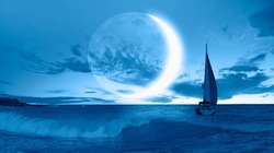 A lonely yacht sails on the sea,  Crescent or new moon  in the background 