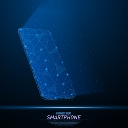 Abstract polygonal light of closeup mobile phone. Business wireframe mesh spheres from flying debris. Communication app smartphone concept. Blue structure style vector illustration.