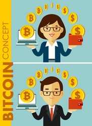 Cryptocurrency exchange concept with people and gold coins. Man and woman businessman holding laptop and wallet with bitcoin sign