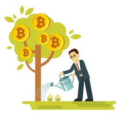 Cryptocurrency concept with businessman and money tree. Man watering tree with bitcoin symbols