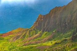 Steep Eroded Cliffs in a Green Coastal Valley in teh Kalalau Valley on Kauai