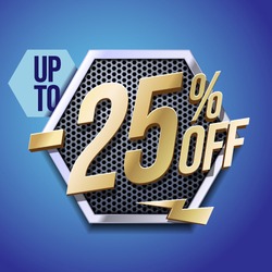 Up To 25% Off Special Offer Gold 3D Digits Banner, Template Twenty Five Percent. Sale, Discount. Technology. Metal, Gray, Glossy Numbers. Illustration On Blue Background. Ready For Your Design. 