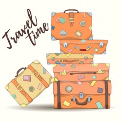 Stack of old vintage suitcases. Retro elements can be used for holiday cards, invitation, postcard or website. Hand drawn illustration of different travel bags.