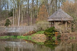 Pond scenery with bridge & gazebo from Brookside Gardens in Wheaton, Maryland (USA). HDR composite from multiple exposures.