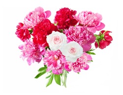 Red and pink peony bunch with roses isolated on white background