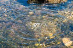 Clear water bubbling in small outdoor pond, forming concentric waves, with green rocks and stones visible.