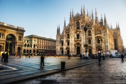 Milan Cathedral, Duomo and Vittorio Emanuele II Gallery at Piazza del Duomo. Lombardy, Italy