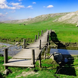 wooden foot bridge and old mountains