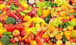 Background of fresh and healthy fruits and vegetables.