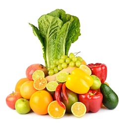 Fruits, vegetables and berries isolated on white background.