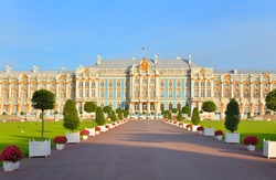 Catherine Palace in Tsarskoe Selo by sunny day, suburb of St.Petersburg, Russia.