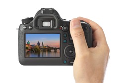 Camera and Cityscape of Prague - Czech Republic (my photo) isolated on white background