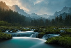 River rapids surrounded by northern forest and mountains at morning 3D render. Beautiful nature landscape, scenic outdoor background, serenity and calmness
