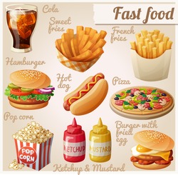 Fast food. Set of cartoon vector food icons. Ketchup, mustard, glass of cola, french fries, hamburger, sweet potato fries, burger with fried egg, pop corn, hot dog, pizza