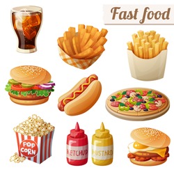 Fast food. Set of cartoon vector food icons isolated on white background. Ketchup, mustard, glass of cola, french fries, hamburger, sweet potato fries, burger with fried egg, pop corn, hot dog, pizza