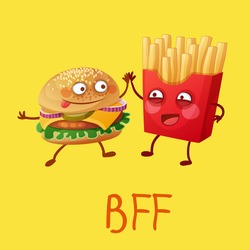 Funny fastfood characters Best Friends Forever. Cheerful food emoji hamburger and french fries. Cartoon vector illustration